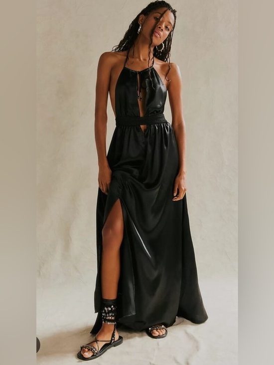 Free People Dresses & Skirts - Free People Look Into The Sun Satin Cutouts Halter Gown Maxi Dress Black XS